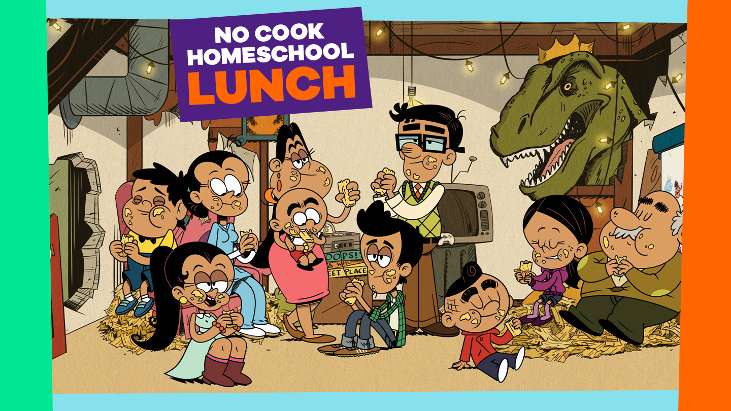 Title: No Cook Homeschool Lunch. The Casagrande family sits together eating tamales.