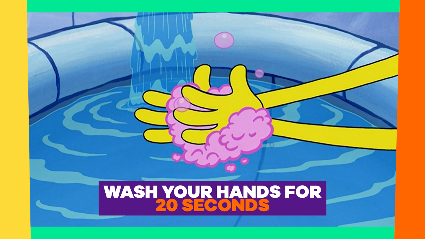 SpongeBob SquarePants' yellow hands lather soap. Text: Wash Your Hands for 20 Seconds.